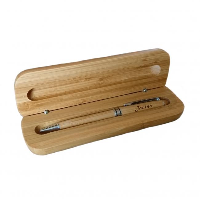 Holz-Kugelschreiber im Etui - Bambus - personalisiert mit Wunschgravur