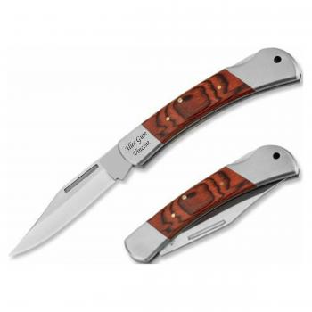 graviertes Klappmesser aus Kiefer / Edelstahl