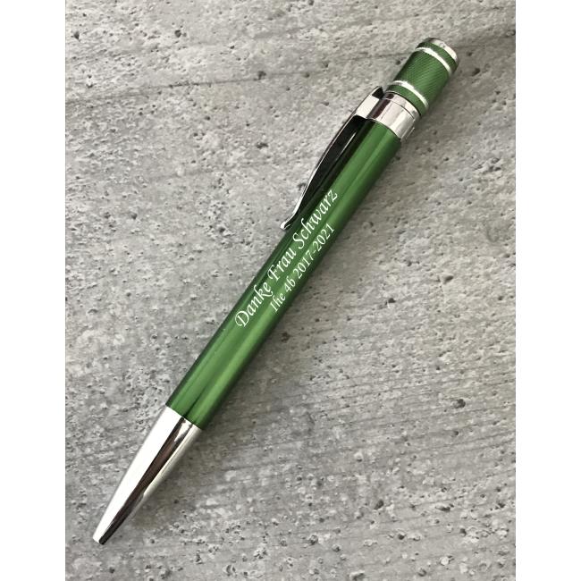 Grüner Kugelschreiber mit Gravur beschriften --> GRAVUR nach WUNSCH