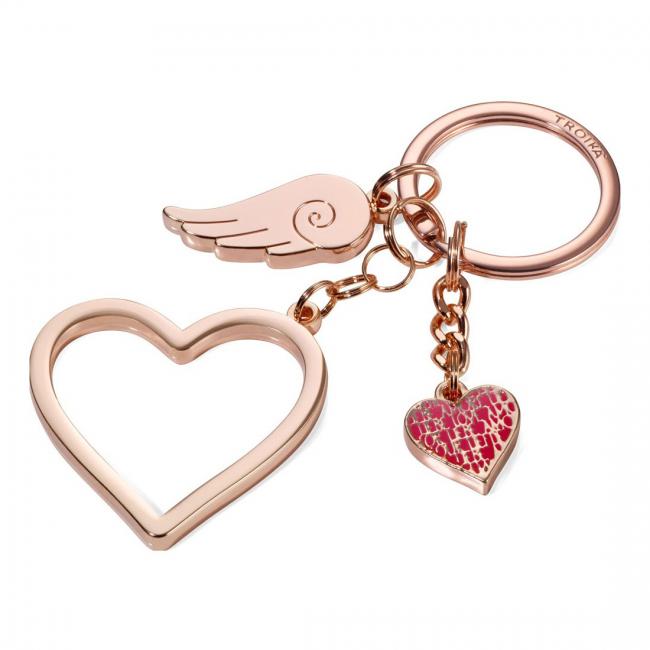 Schl�sselanh�nger mit 3 Anh�ngern: Herz (gro�), Herz (klein) und Fl�gel in Rose Gold