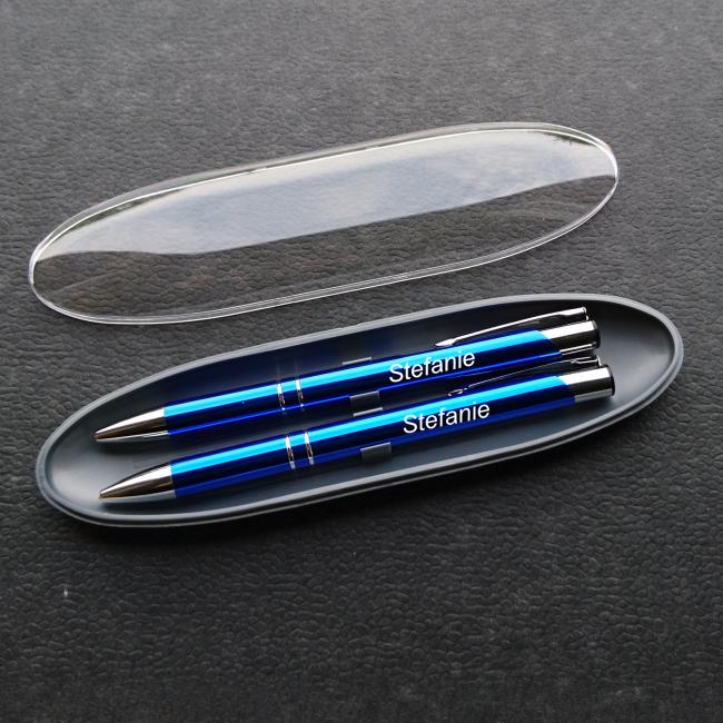 Schreibset in blau - Druckkugelschreiber und Druckbleistift im Geschenketui personalisieren
