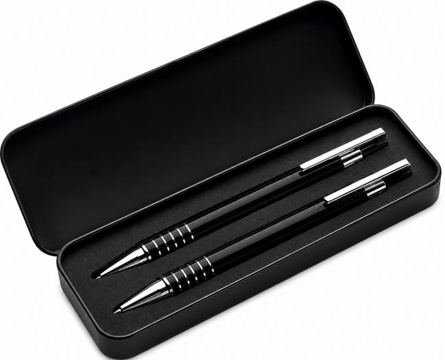 Schwarzes Schreibset - Druckkugelschreiber und Druckbleistift mit Ihrer Wunschgravur im Geschenk Etu