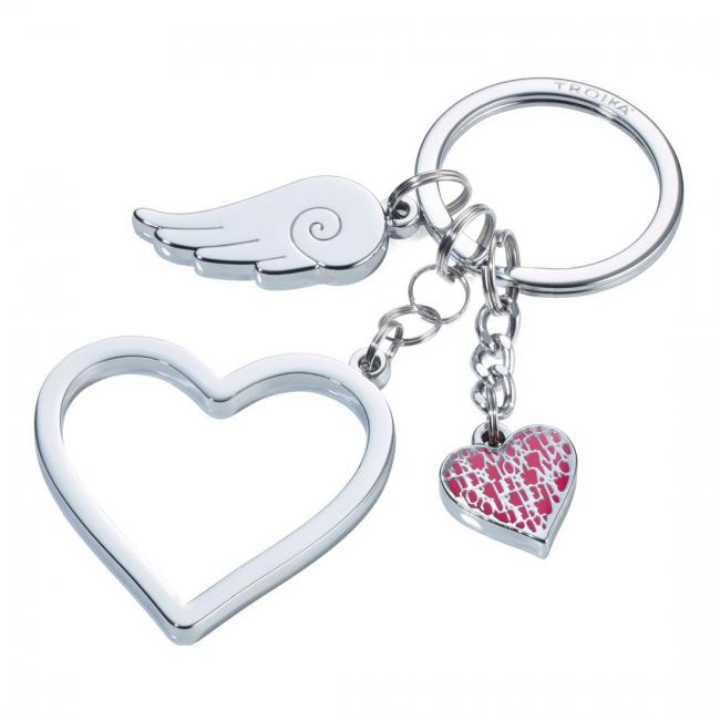 Silber Schl�sselanh�nger mit 3 Anh�ngern: Herz (gro�), Herz (klein) und Fl�gel