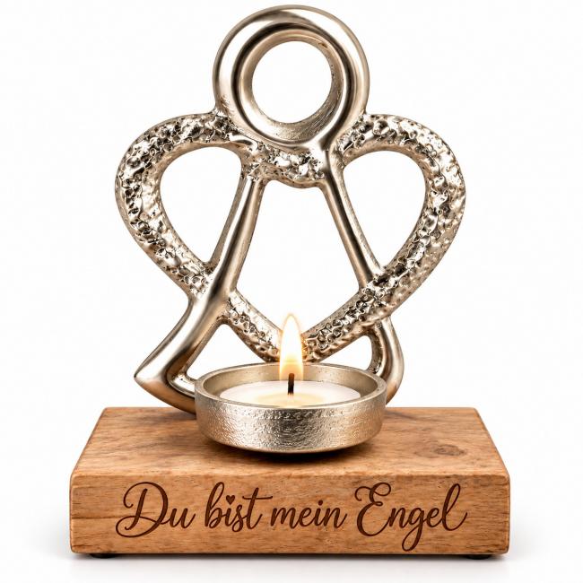 Silberner Engel mit pers�nlicher Gravur � Kerzenhalter aus Metall und Holz